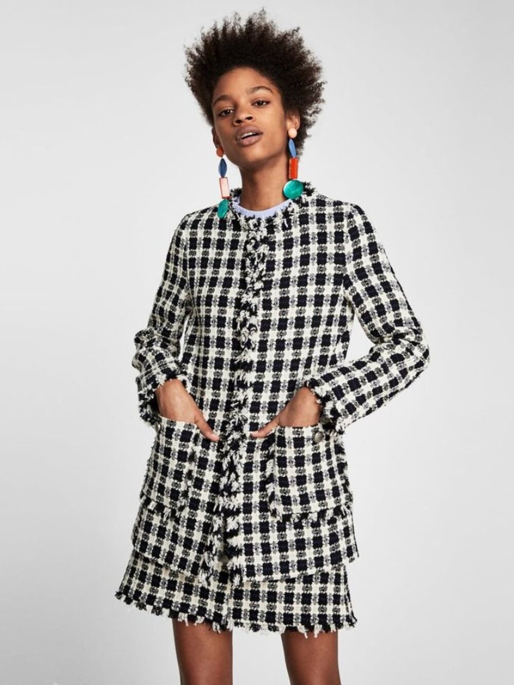 Zara Basic Black and White Checkered Tweed Jacket Size S